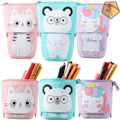 3 Pieces Telescopic Stand Up Pencil Case Box Transformer Stand Store Pencil Holder Cute Cartoon Standing Pen Pouch Dual-Use Canvas Storage Stationery