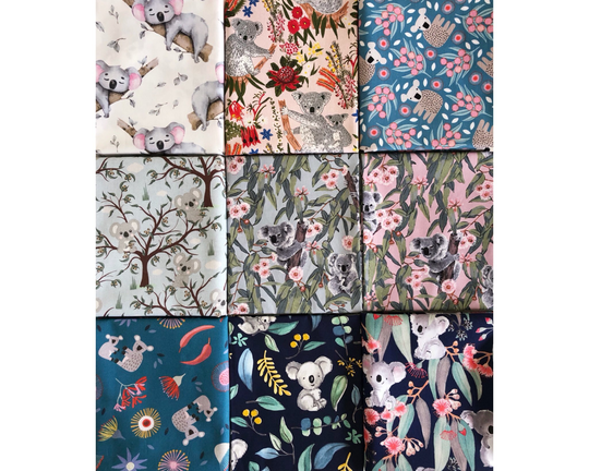 Bundle Of Aussie Native Koala Floral Quilting Cotton Fabric By 1/2 Yard Or Fat Quarter, Koala & Gum Flowers
