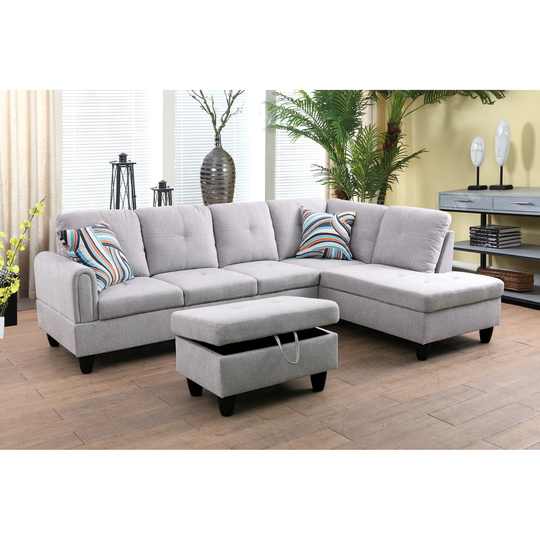 Emilia 3-Pieces Sectional Sofa Set,Light Grey,Flannelette(09711)