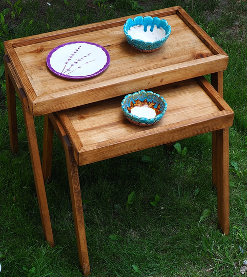 Set Of 2 Side Table Made Of Pine Wood - Natural Colour Coffee -End Rustic Table- Ottoman Tray