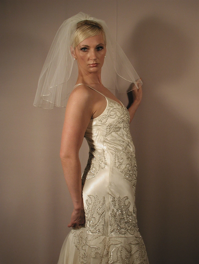 Classic Puffy Style Wedding Veil With Silver Pencil Edge | Shoulder Length Short Small