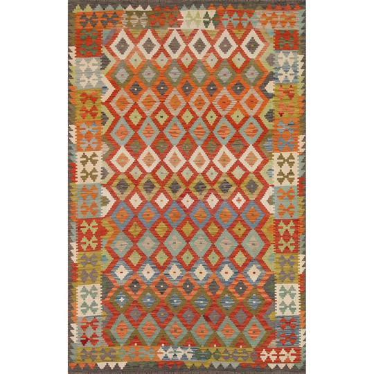 Geometric Kilim Oriental Area Rug Flat-weave Multi-Color Wool Carpet - 6'6" x 9'3"