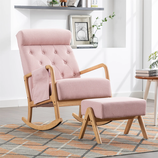 Solid Wood Rocking Chair With Ottoman and Thick Padded Cushion