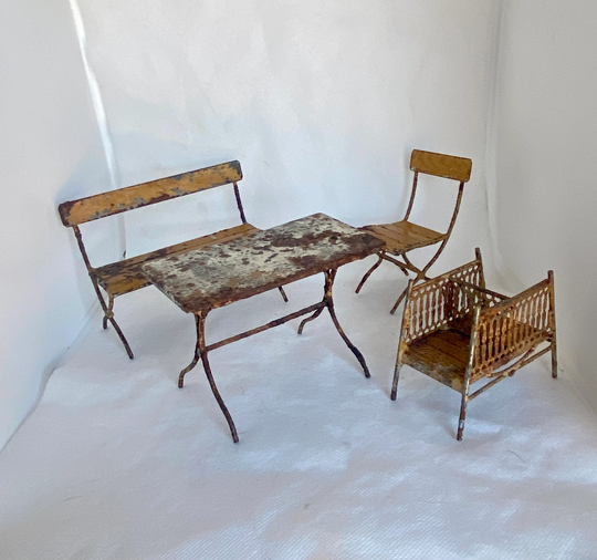 Antique Tin Dollhouse Table Bench Chair & Double Seat Set, German Scale