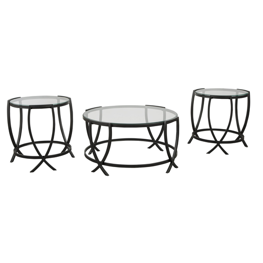 Contemporary Round Table Set with Glass Top and Geometric Metal Body, Black - 3 pieces