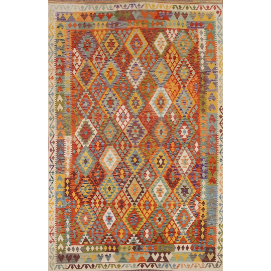 Multi-Color Geometric Kilim Reversible Area Rug Flat-weave Wool Carpet - 8'2"x 11'1"