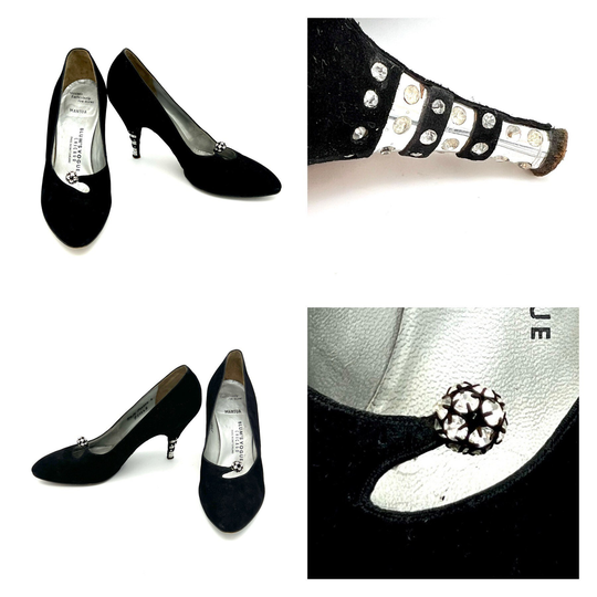 Vintage 1950's Black Suede Couture High Heels, 50S Blums Vogue Black Pumps, 1950S Size 5.5 Pumps With Rhinestone Cutout Accent
