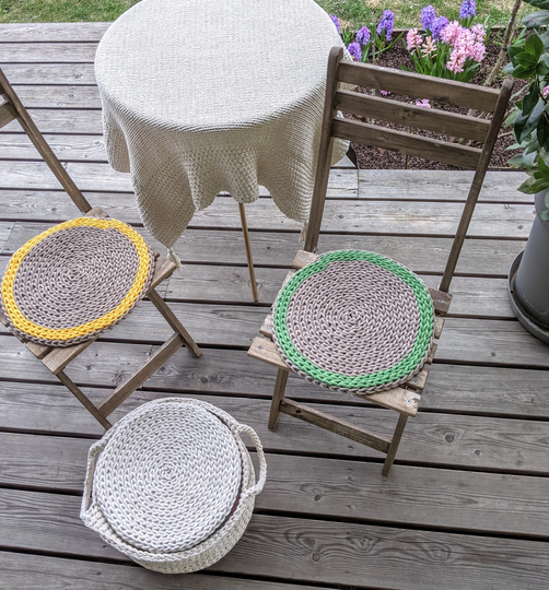 Set Of 2 Round Chair Pads Rustic Rope Grey Yellow Green - Crochet Recycled Cotton Braided Seat Cushions