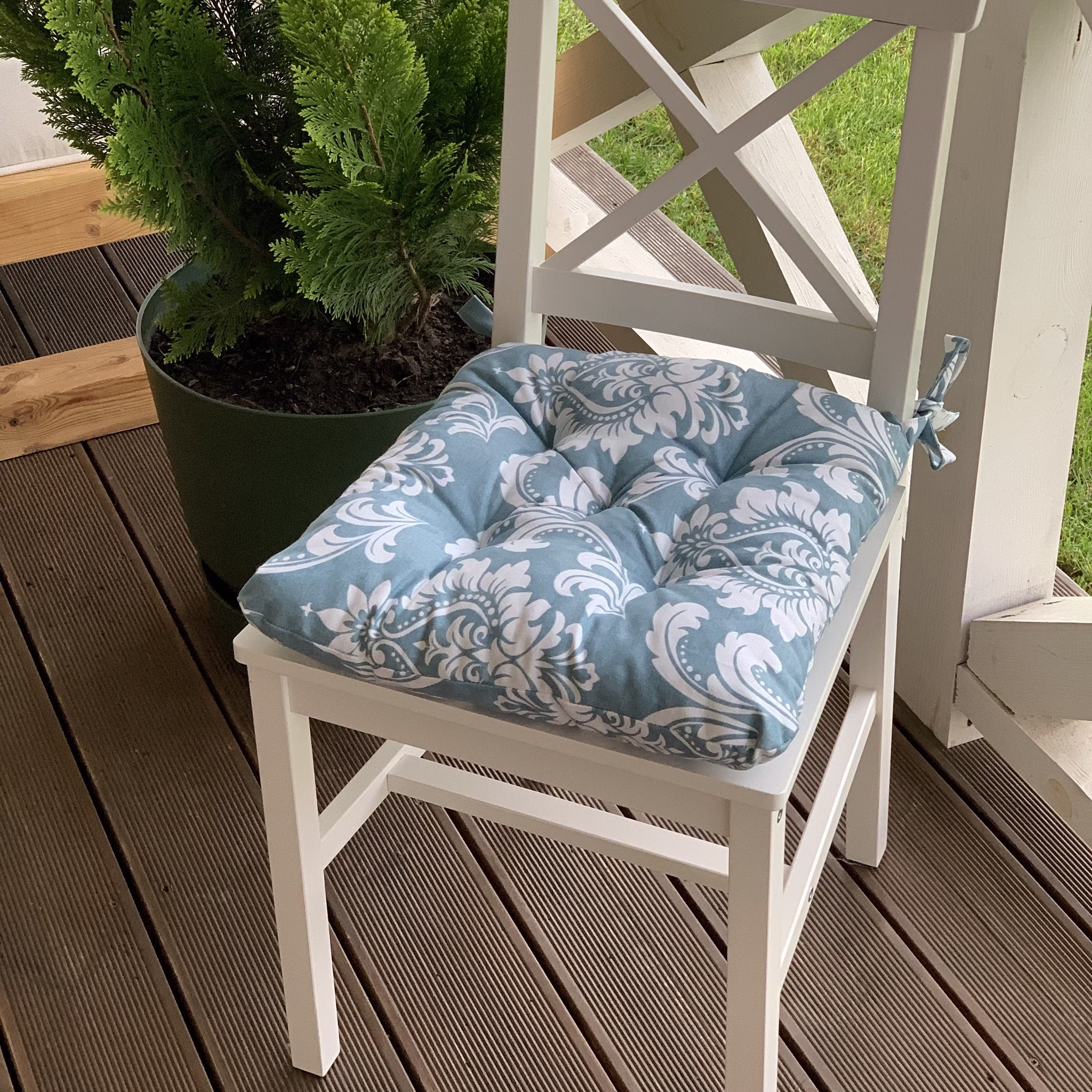 Quilted Chair Cushions/Seat With Monograms Chair Pads Ties/ Square Cushion /Outdoor Cushion/ Blue