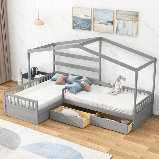Twin Size L-Shaped 3 Drawer Storage Platform Bed Fence-Style House Bed for Small Bedroom City Aprtment Dorm