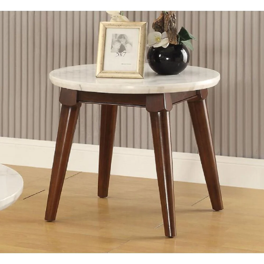 24"Dia Gasha End Table with Marble Top, Walnut Round Coffee Table in White Marble
