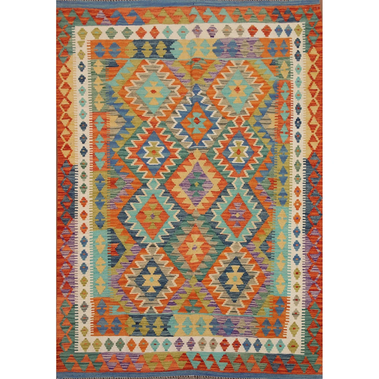 Colorful Kilim Area Rug Hand-woven Wool Carpet - 5'0"x 6'7"