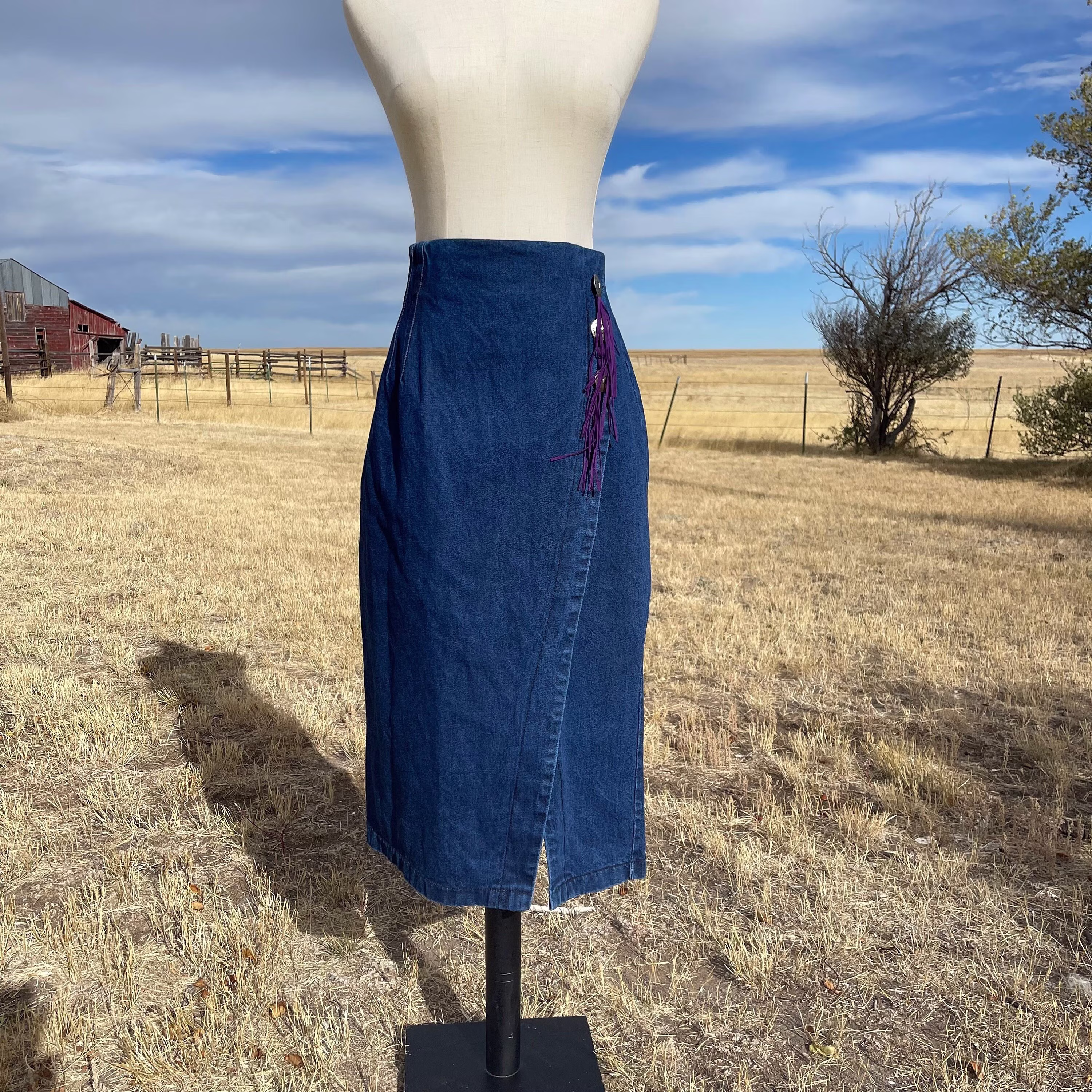 Vintage Dark Denim Pencil Skirt With Concho & Purple Suede Tassel Detail