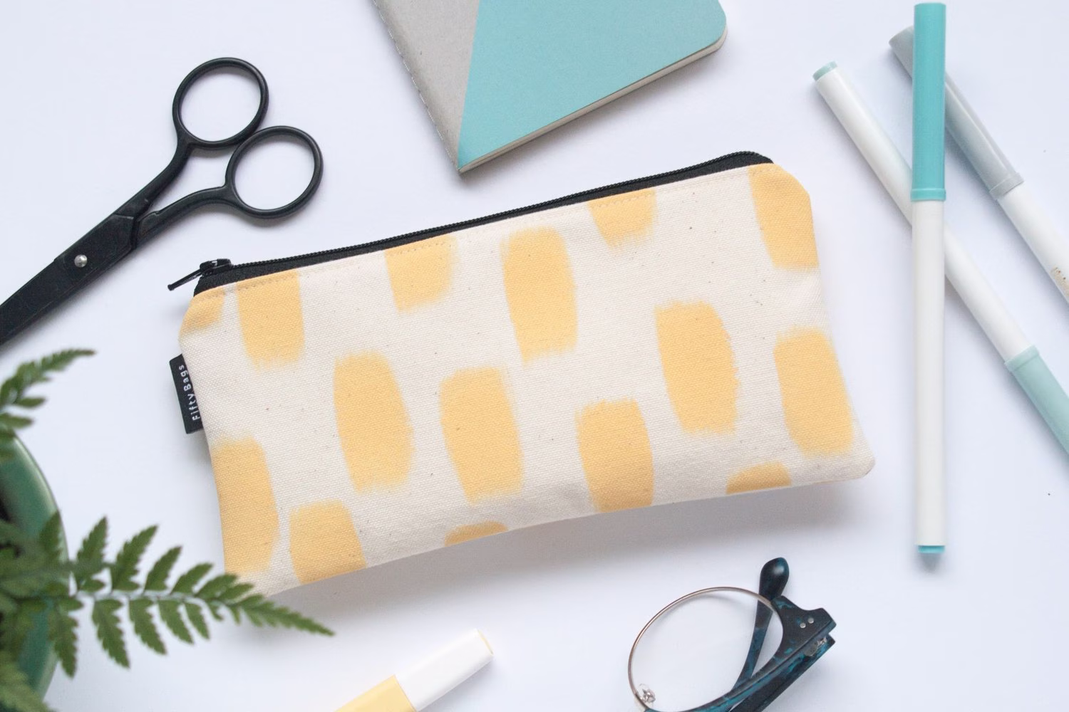 Canvas Zipper Pouch Pencil Case - Lemon, Yellow, Pastel, Handpainted, Modern, Abstract, Minimal, Scandinavian, Sturdy, Original, 100% Cotton