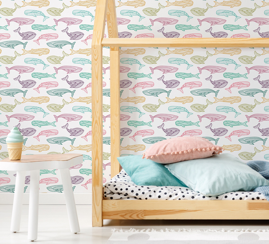 Colorful Whales Wallpaper - Custom Color Peel & Stick Removable For Kids Bedrooms Sea Life 139