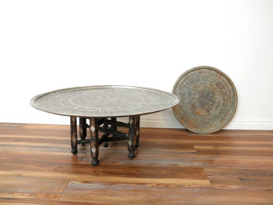 Vintage Moroccan Copper Tea Table - Large Ornate Engraved Metal Round Tray - Set Of 2 Trays With Folding Inlayed Pearl Wooden Base - Moorish
