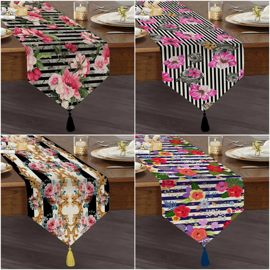 Floral Table Runner|High Quality Triangle Dining Runner|Summer Trend Tabletop|Farmhouse Tabletop|Flowers On Stripes Tasseled Runner