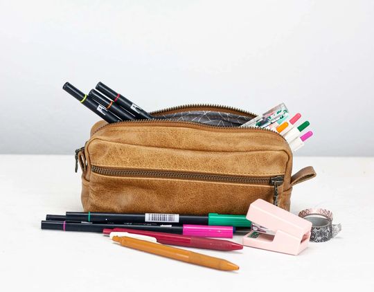 Pencils Case in Brown Distressed Leather, Rectangular Accessory Bag Makeup Purse Glasses Markers Zipper Pouch - The Brick