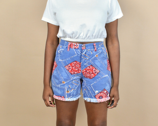 Vintage 70S Bandana Paisley Size 31 Denim Patchwork Printed Cutoff Shorts