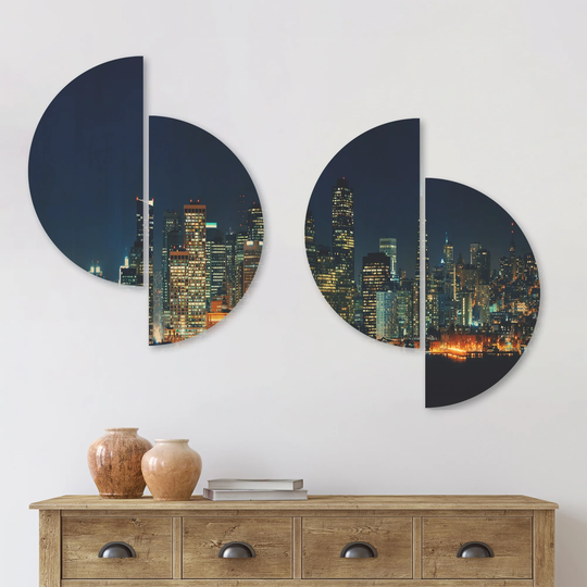 Designart 'San Francisco Skyline at Night' Cityscape Wood Wall Art Set of 4 Half Circles - Multi-Color