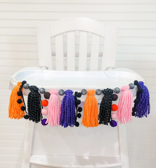 Halloween Birthday High Chair Yarn Tassel Banner, Cake Smash Backdrop First Birthday