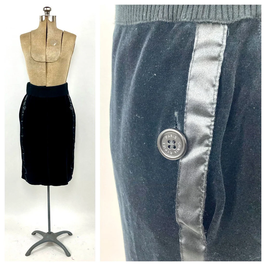 80S Black Velvet Skirt Pocket Striped Tuxedo Pencil Vintage Dress