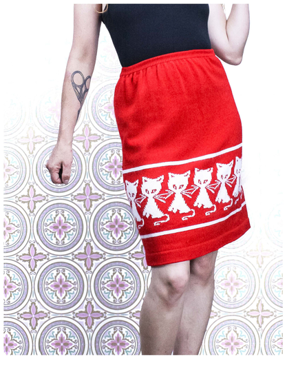 Knit Cat Skirt | Vintage Red & White Kitty Stretchy Pencil Size Small