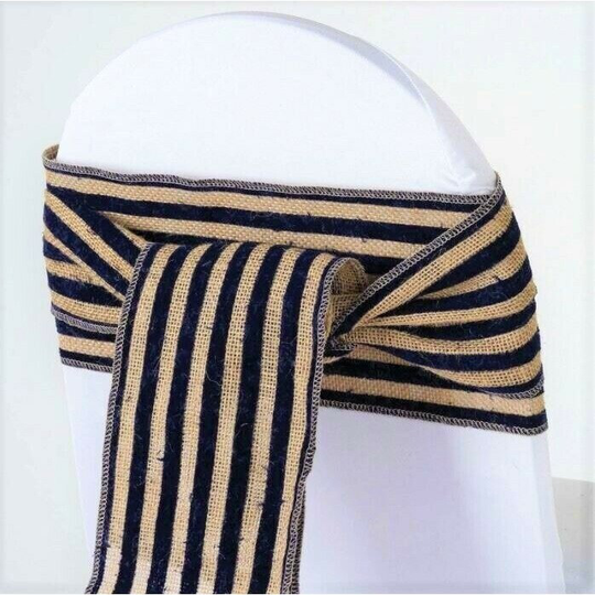 Burlap Chair Sashes Set Of 7 Navy Blue Stripe Jute Wedding Party Rustic Back Fabric Sash Decor Farmhouse Country Crafts Lot