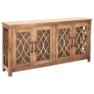 80 Inch Slim Natural Color Rustic Curio Buffet With Trellis Glass Doors