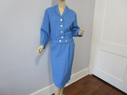 Skirt Suit Vintage 1950S Royal Blue Linen Shantung Jacket Pencil Floral Soutache