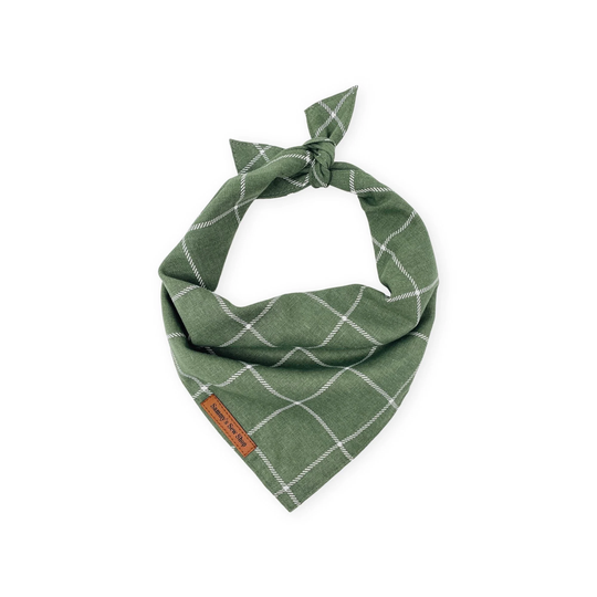 Sage Green Windowpane Dog Bandana, Chic Pet Modern Neckwear, Personalized Black Check Bandana