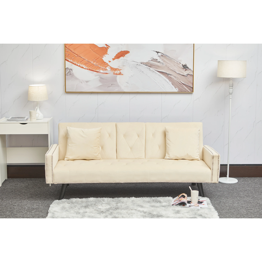 Sofa Bed Armrest with Nail Head Trim with Two Cup Holders 72" Beige Velvet Sofa for Small Spaces