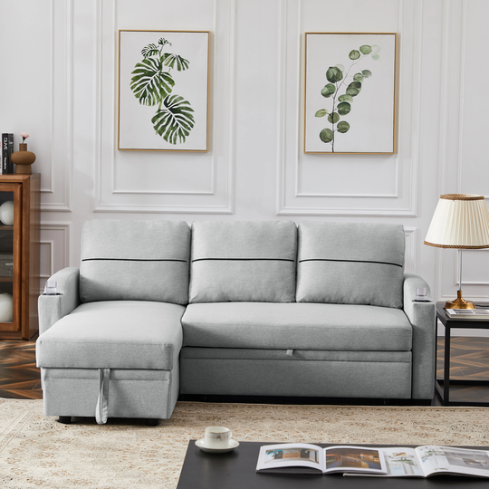 Pull-out Linen Sectional sofa with Convertible Chaise Longue
