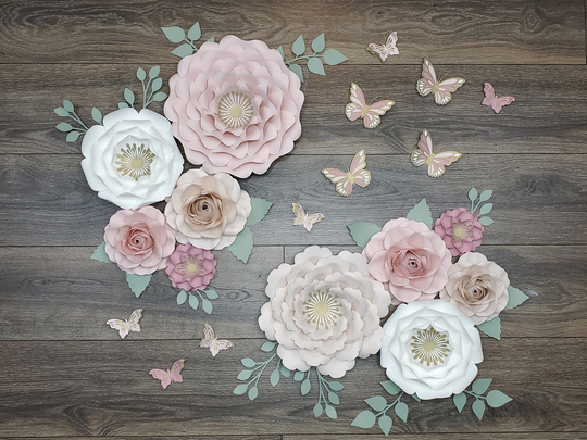 Paper Flowers Wall Decor in Blush, Cream & Mauve With Gold Butterflies