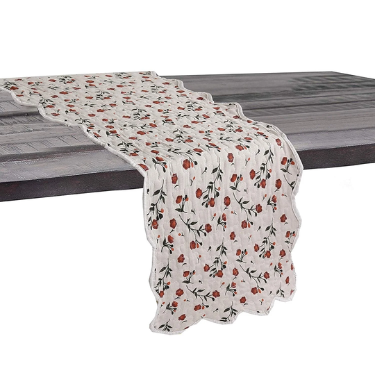 Cozy Line Beige Floral Quilted Linen Table Runner