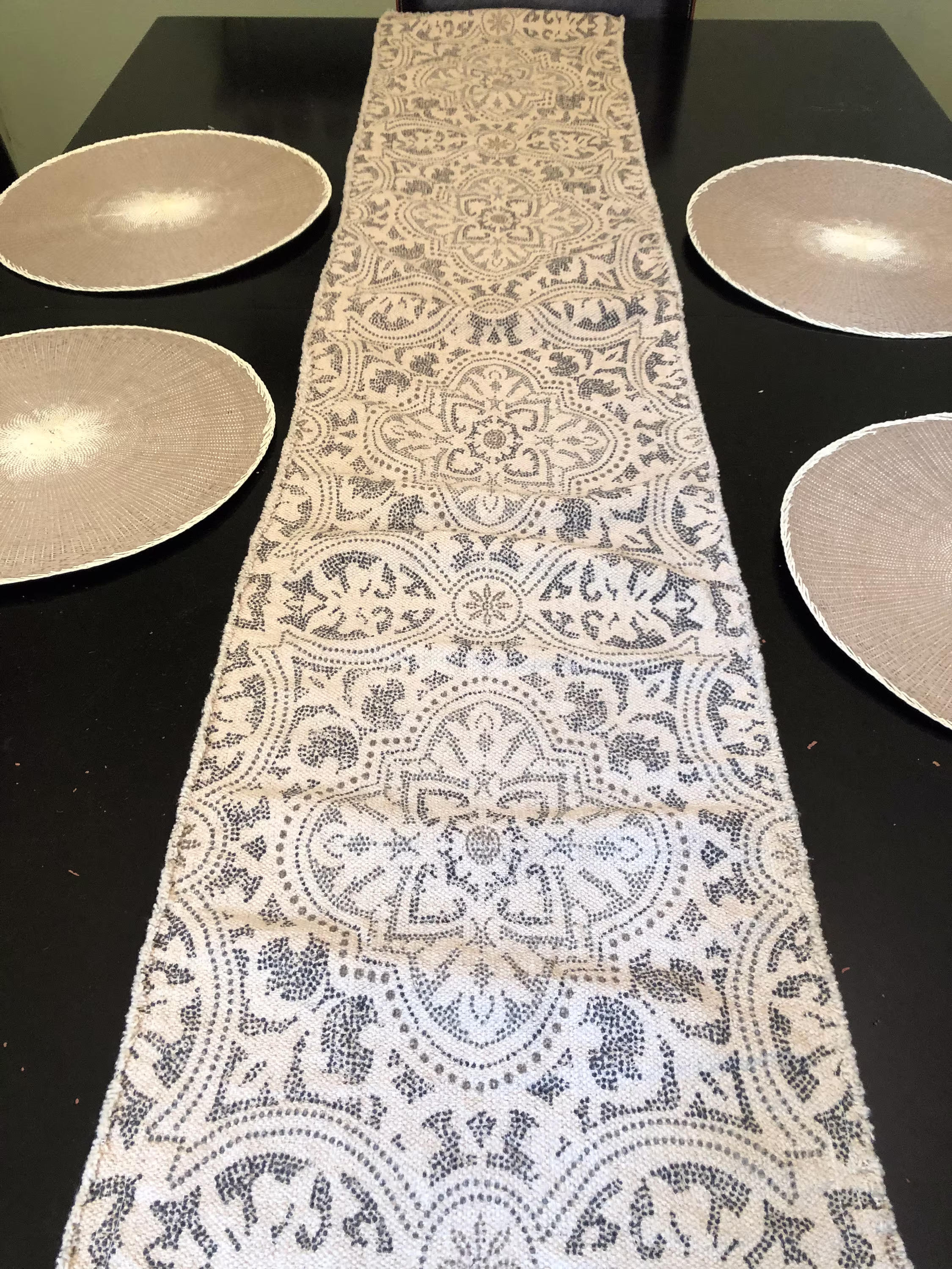 Ikat Table Runner in Steel Gray Cream & Blue Stone Washed Cotton 14"x72"
