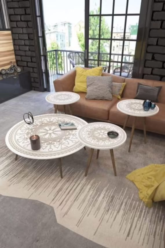 White/Walnut Large Coffee Table With Set Of Small Side Tables/Wooden Round Laser Engraving & With Nest