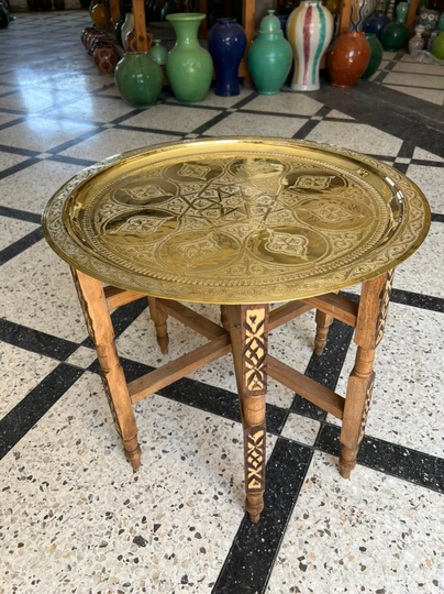 Custom Moroccan Brass Gold Tea Table, Boho Coffee Large Brass Tray, Hand-Engraved Authentic & Wood Table