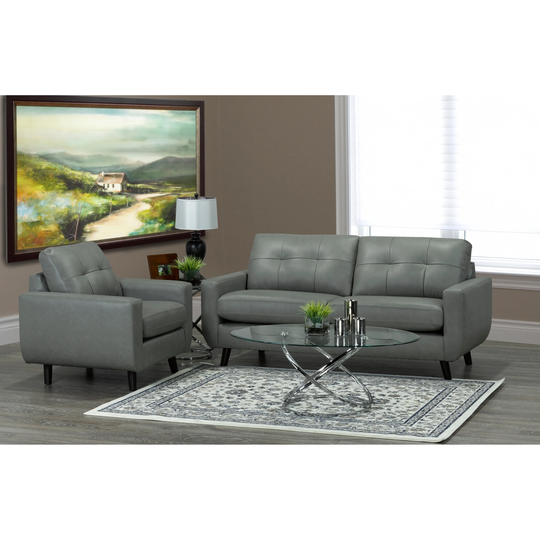 Gracie Mid Century Modern Grey Top Grain Italian Leather Tufted Sofa and Chair