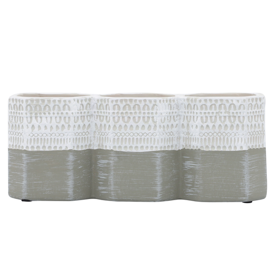 Ceramic 4"h 3-cup Aztec Pen Holder, White, gray 4.0"H - 10.0" x 3.0" x 4.0"
