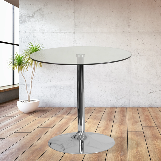 31.5" Round Glass Table with 29"H Chrome Base - Pedestal Table - Event Table - Clear/Chrome