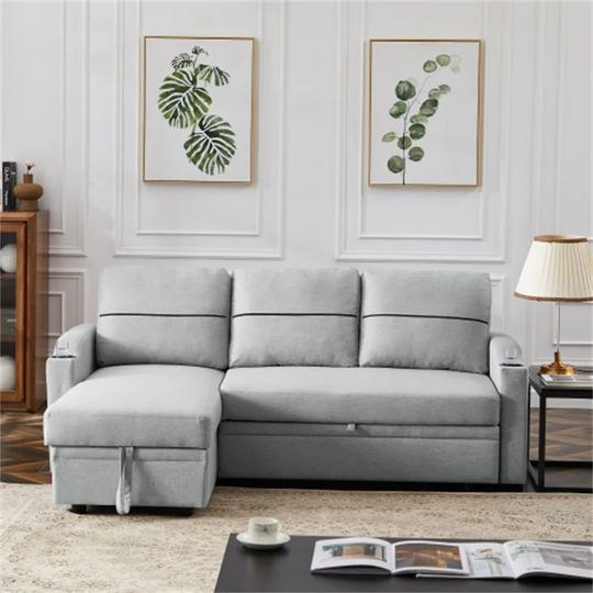 Linen Fabric Pull-Out Storage Sofa,Chaise Longue With Pillow Back,Wooden Frame,Light Gray
