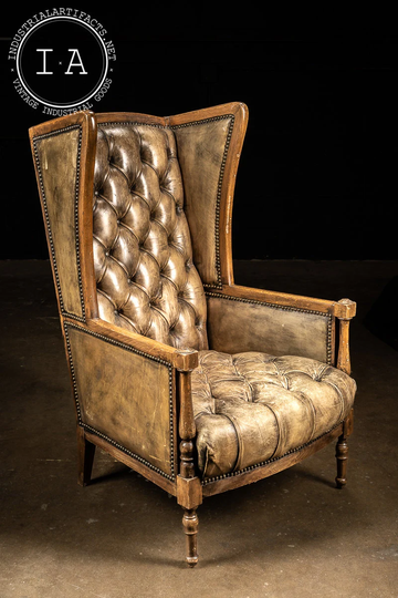 Early 20Th Century Tufted Wingback Chair in Olive