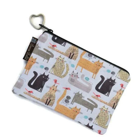 Cute Small Zipper Pouch - Makeup Bag Perfect Pencil Boho Cat On Gray Fabric