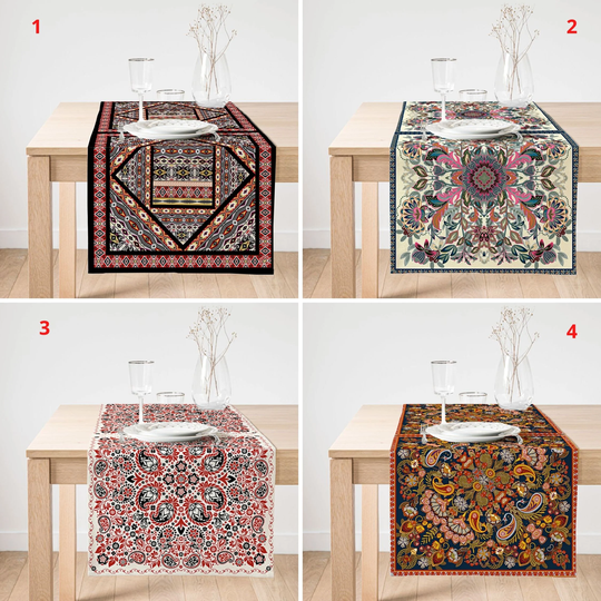 Tile Pattern Table Runner, Ethnic Top, Traditional Cover, Rectangle Tablecloth, Authentic Kitchen Vintage Decor