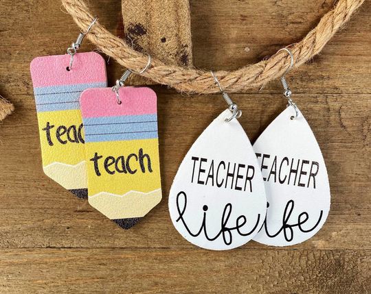 Double Sided Faux Leather Teacher Life Or Teach Pencil Earrings, Gift