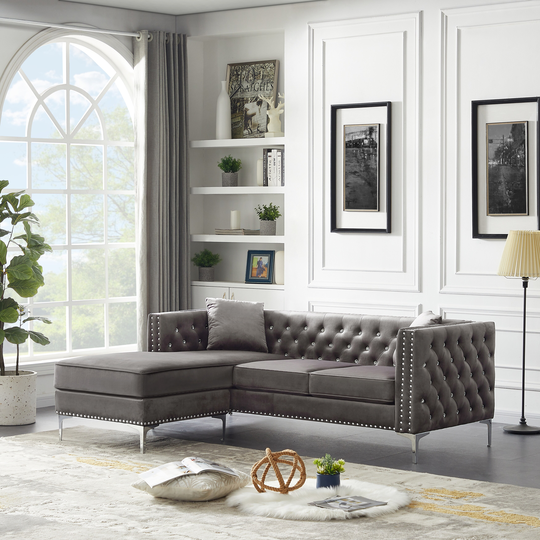 82.3" Reversible Velvet Sofa-Chaise Sectional with Jeweled Buttons Square Arms, 2 Pillows