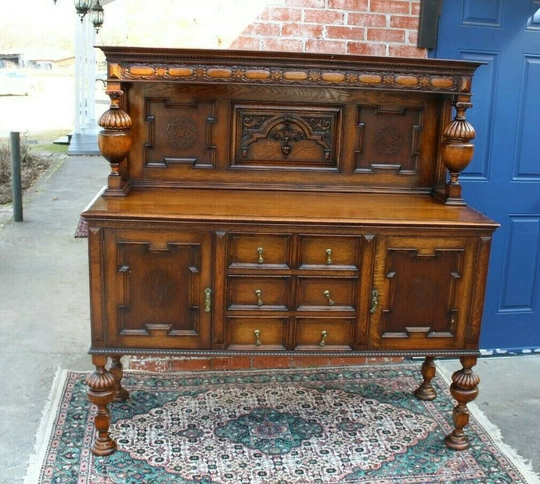 English Antique Oak Jacobean Sideboard/Buffet Bar Cabinet