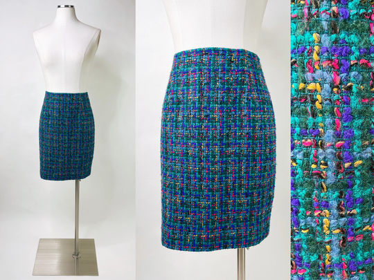 1990S-2000S Rainbow Plaid Boucle Short Pencil Skirt By The Limited Sm | Vintage, Timeless, Business, Secretary, Classic, Blue, Purple, Green