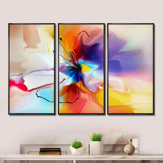 Designart 'Creative Flower in Multiple Colors' Abstract Framed Art Set of 3 - 4 Colors of Frames